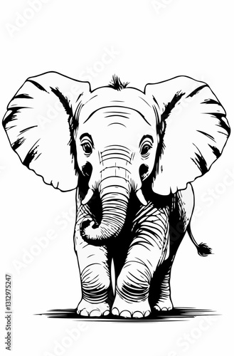 African baby elephant, detailed Black and white, coloring book