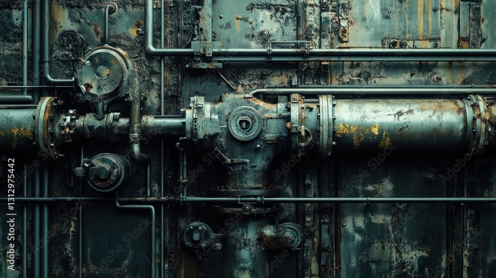 Fototapeta premium Industrial machinery with pipes and valves showing weathered textures and rust.