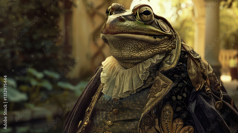 Obraz premium A regal frog dressed in elegant clothing stands confidently in a lush garden, showcasing its unique attire and surroundings