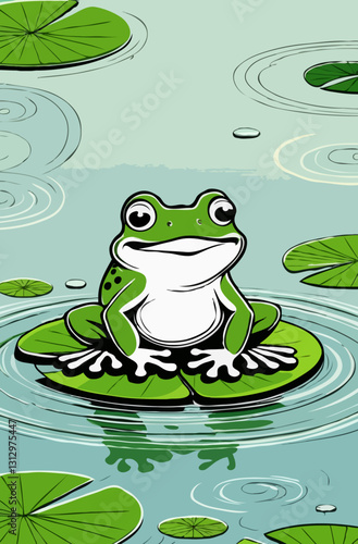 A frog sits merrily on a lily leaf