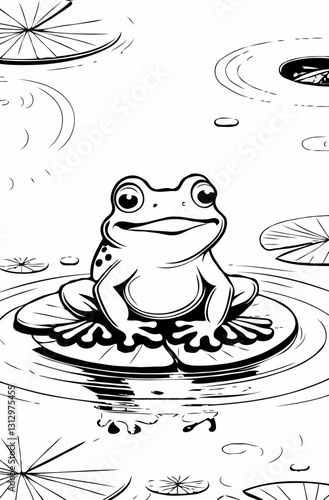 Frog is sitting merrily on a lily leaf, black and white coloring