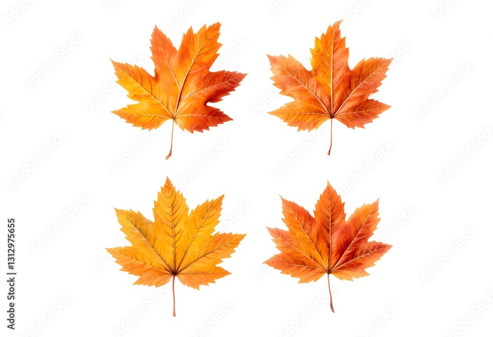 Set of 4 colorful autumn leaves in different shapes and shades of orange, red, and yellow. Creates a warm and cozy seasonal vibe. Set of 4 colorful autumn leaves in different shapes and shades of orange, red, and yellow. Creates a warm and cozy seasonal vibe.