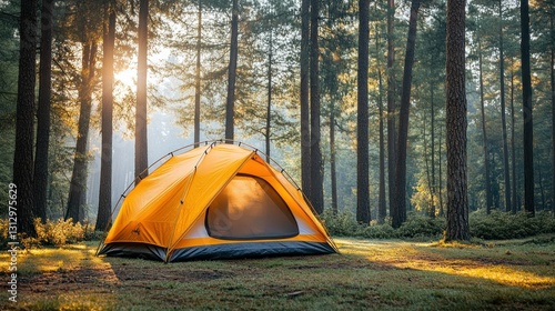Fototapeta Naklejka Na Ścianę i Meble -  Orange tent in misty forest at sunrise