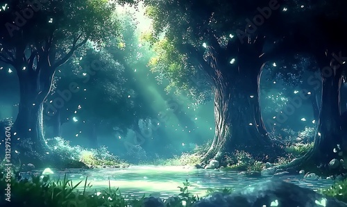 Wallpaper Mural Magical Night Forest with Glowing Particles and Calm Stream Torontodigital.ca