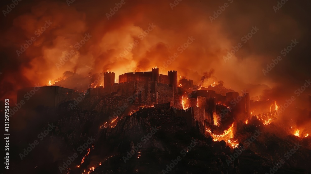 A dramatic scene of a castle engulfed in flames, surrounded by smoke and fire, creating a sense of urgency and chaos A dramatic scene of a castle engulfed in flames, surrounded by smoke and fire, creating a sense of urgency and chaos