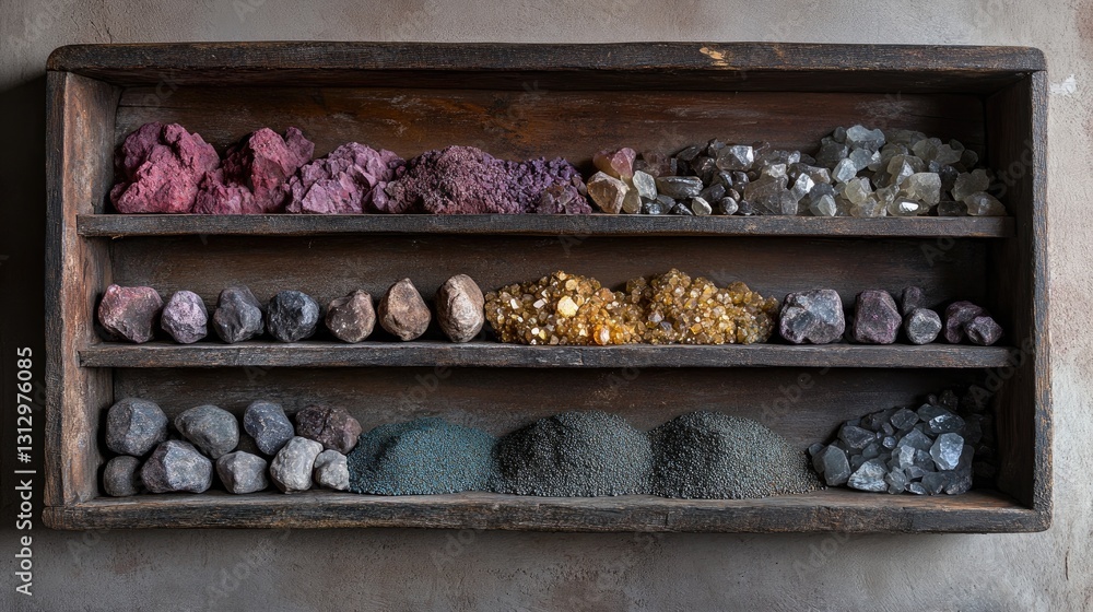 Freshly dug gemstone deposits displayed on a wooden mining tray. Freshly dug gemstone deposits displayed on a wooden mining tray.
