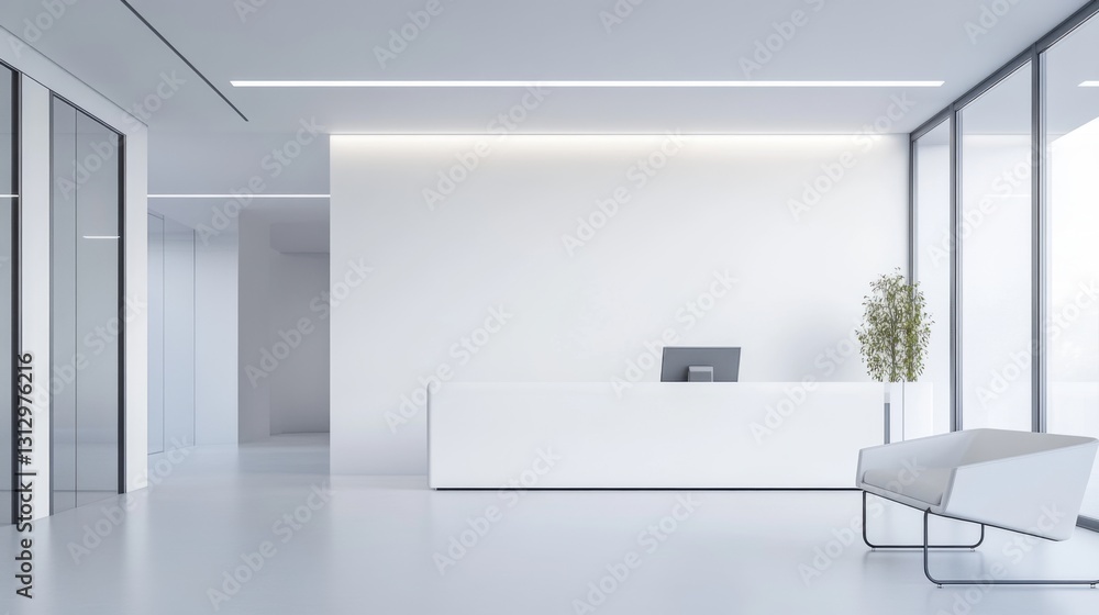 Minimalistic office lobby with modern furniture, soft lighting, calm atmosphere, white walls, professional studio light. Minimalistic office lobby with modern furniture, soft lighting, calm atmosphere, white walls, professional studio light.