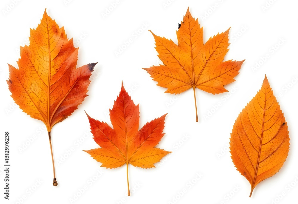 Obraz premium Set of 4 colorful autumn leaves in different shapes and shades of orange, red, and yellow. Creates a warm and cozy seasonal vibe.