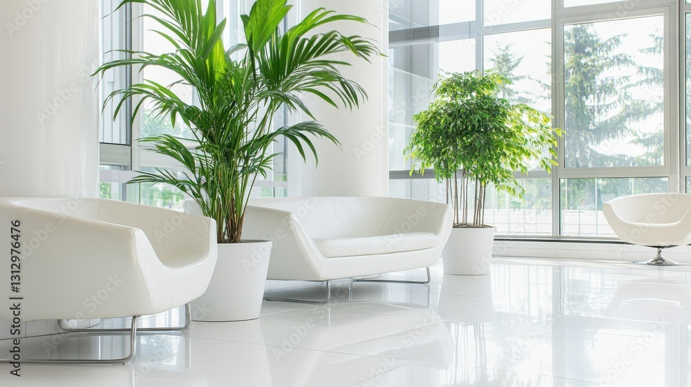 Minimalistic office lobby with modern furniture, soft lighting, calm atmosphere, white walls, professional studio light. Minimalistic office lobby with modern furniture, soft lighting, calm atmosphere, white walls, professional studio light.
