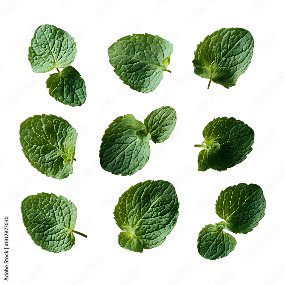 A collection of fresh peppermint leaves arranged symmetrically A collection of fresh peppermint leaves arranged symmetrically
