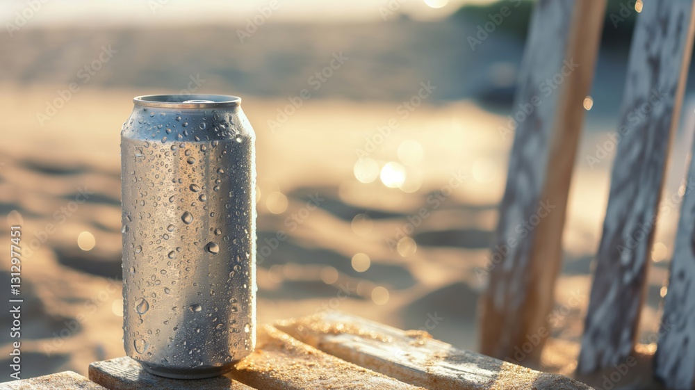 cold soda can covered in condensation in a sandy beach cold soda can covered in condensation in a sandy beach