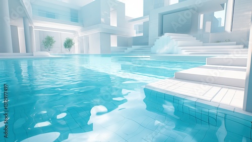 3D render of a modern infinity pool with ice-blue water and accommodation for resting