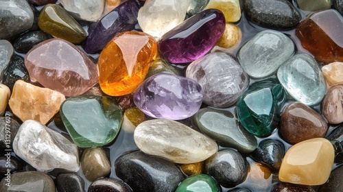 Gem mining riverbed with water washing away sediment to reveal colorful gems.