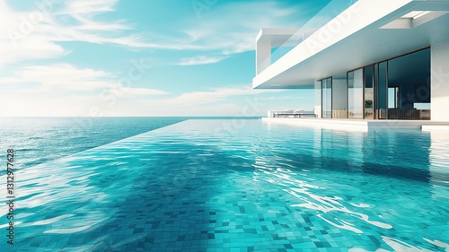 3D render of a modern infinity pool with ice-blue water and accommodation for resting
