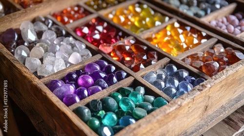 Gem mining sluice box with a mix of sediment and vibrant uncut gemstones.