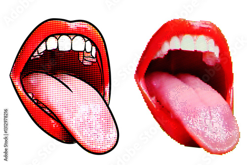 Two female mouths with tongue poking out, with halftone pop art effects. An AI image was used as the basis.