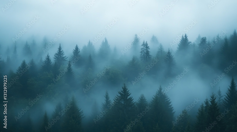 Misty forest landscape shrouded in fog, creating a serene and mysterious atmosphere. Misty forest landscape shrouded in fog, creating a serene and mysterious atmosphere.