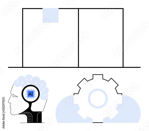 Human head with AI chip inside alongside a gear symbolizing automation, innovation, and technology. Ideal for AI integration, automation, future technology, innovation, machine learning