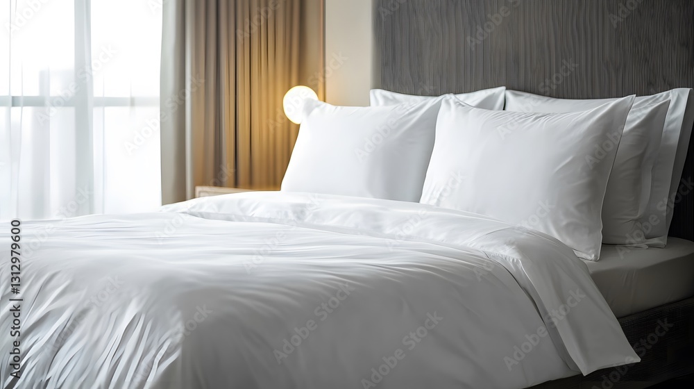 A hotel-style luxury bed with crisp white sheets, fluffy pillows, and a neatly folded duvet, presented on an isolate background A hotel-style luxury bed with crisp white sheets, fluffy pillows, and a neatly folded duvet, presented on an isolate background