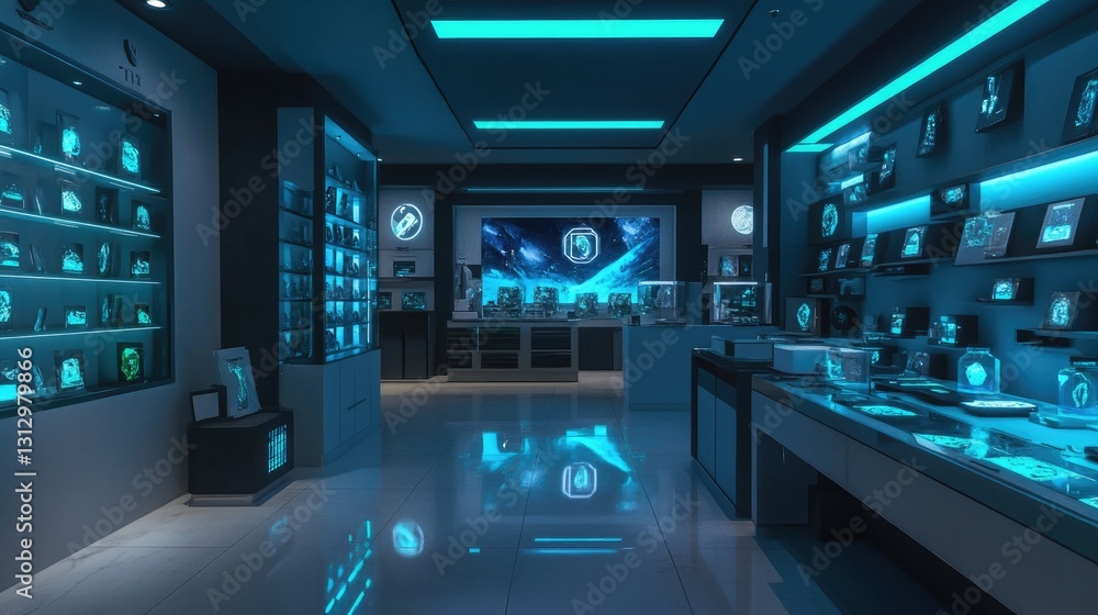 High-tech gemstone store featuring a digital interface for gemstone certification. High-tech gemstone store featuring a digital interface for gemstone certification.