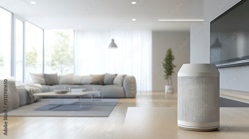 Modern Living Room Interior with Cylindrical Device on Wooden Table Modern Living Room Interior with Cylindrical Device on Wooden Table