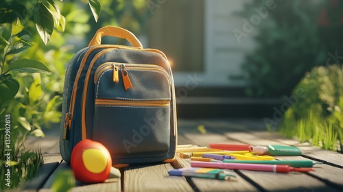 Colorful children's backpack with school supplies including notebooks, pencils, crayons, and ruler arranged on a wooden desk, perfect for back-to-school themes, educational concepts, and classroom ess photo