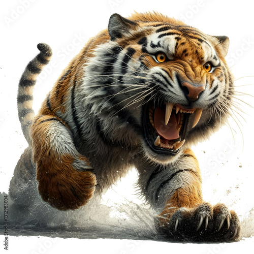 3D Caspian tiger attacking isolated on white background