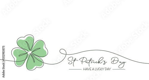Happy St. Patricks Day greeting card with shamrock. Continuous one line drawing of clover leaf. Holiday Illustration