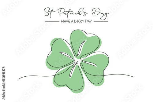 Happy St. Patricks Day greeting card with shamrock. Continuous one line drawing of clover leaf. Holiday Illustration