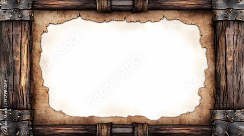 Ancient Wooden Frame with Torn Parchment Paper Background