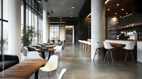 Modern caf? interior featuring seating areas and a coffee bar with large windows.