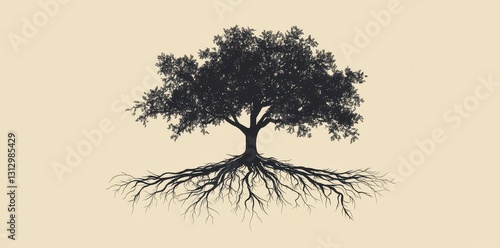 A silhouette image of a tree with extensive roots