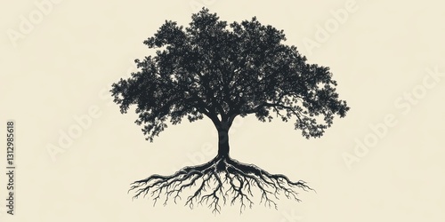 Silhouette image of a tree displaying both roots and leafy crown