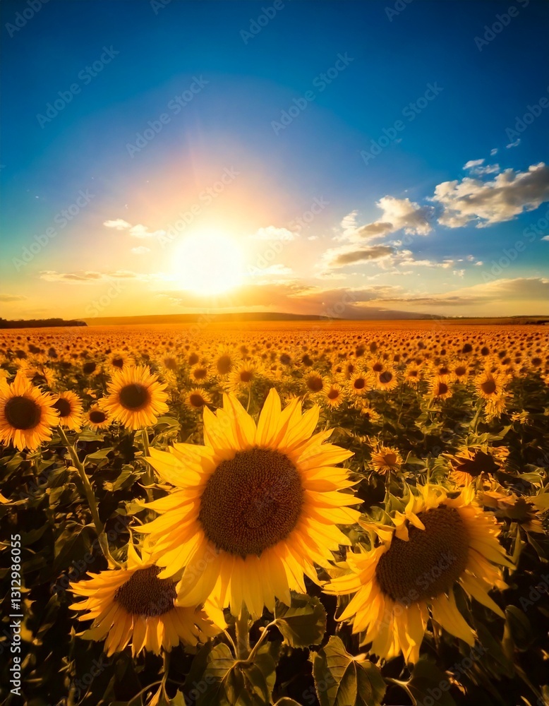 Fototapeta premium Sunflowers against the background of a field and blue sky