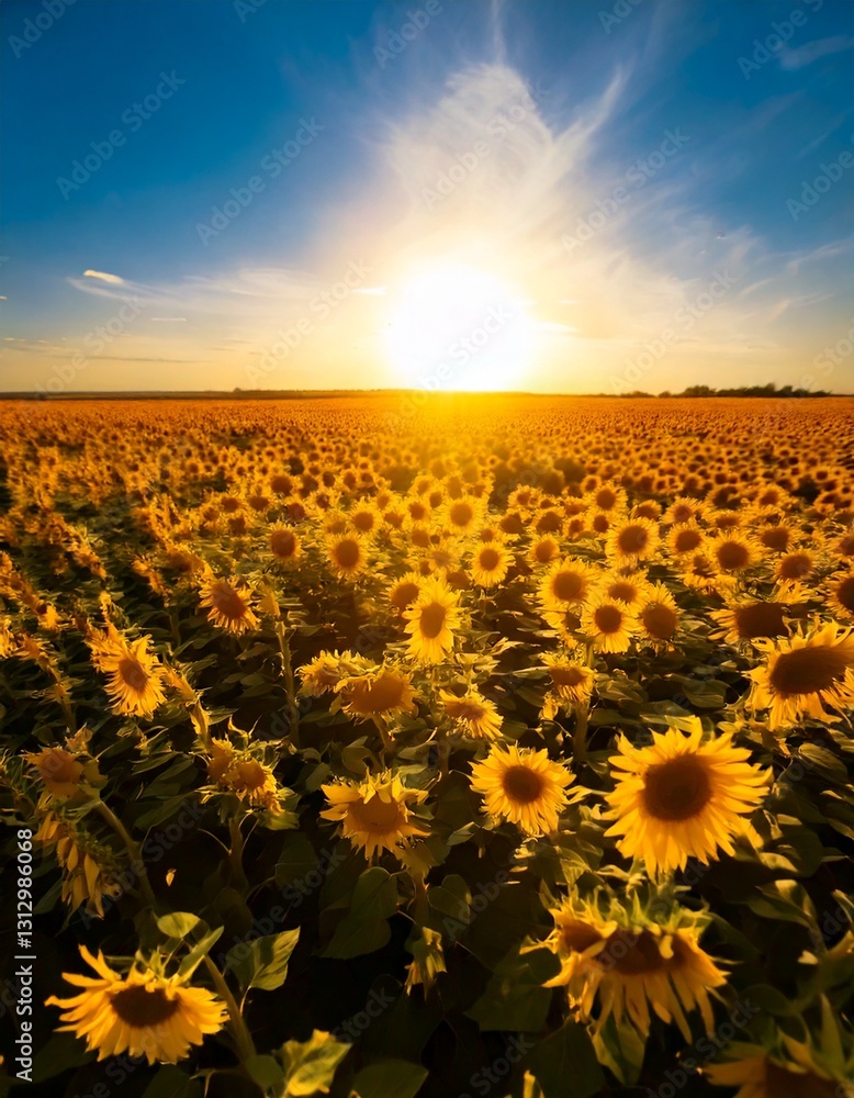 Fototapeta premium Sunflowers against the background of a field and blue sky