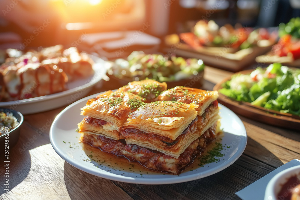 Authentic Turkish Feast: Shawarma, Pizza & More on Rustic Wooden Tables in an Outdoor Setting Authentic Turkish Feast: Shawarma, Pizza & More on Rustic Wooden Tables in an Outdoor Setting