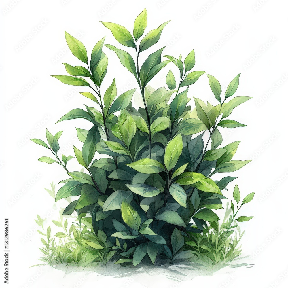 Fototapeta premium Pastel watercolor illustration of a vibrant green bush with details.