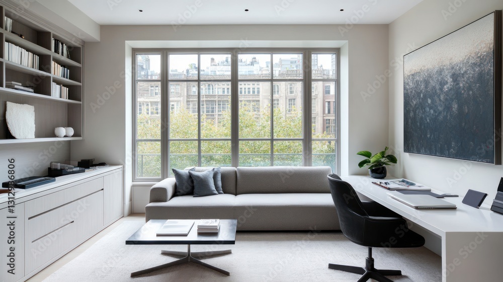 Fototapeta premium Modern home office with city view, showcasing a relaxing space, perfect for work and leisure