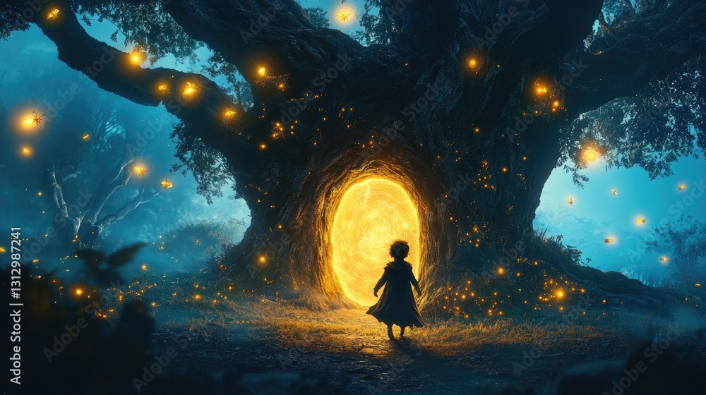 Fototapeta premium Enchanted Forest Gateway with a Child Standing Before a Magical Portal Illuminated by Glowing Fireflies