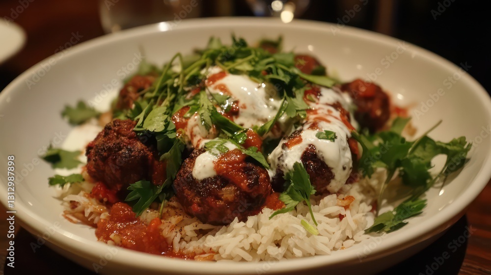 Delicious lamb meatballs with rice, herbs, and yogurt sauce. Restaurant dinner Delicious lamb meatballs with rice, herbs, and yogurt sauce. Restaurant dinner