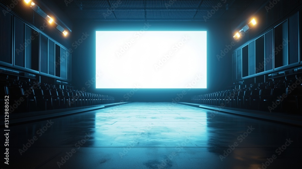 A spacious theater with rows of empty seats and a large blank screen at the front. A spacious theater with rows of empty seats and a large blank screen at the front.