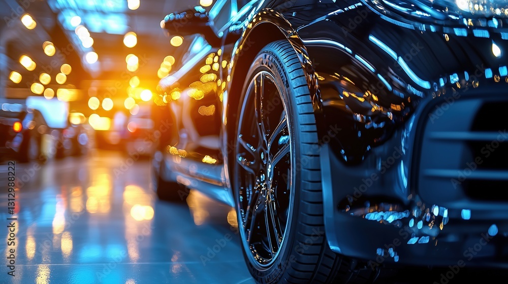 A close-up view of a luxury black car's wheel and tire in a modern showroom with bright lights. A close-up view of a luxury black car's wheel and tire in a modern showroom with bright lights.