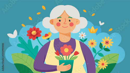 An older woman proudly displaying a bouquet of flowers she grew herself surrounded by her fellow gardening club members.. Vector illustration