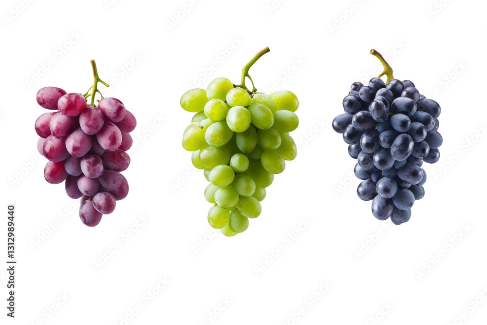 Three bunches of grapes are shown, one of which is green, one is red, isolated Three bunches of grapes are shown, one of which is green, one is red, isolated