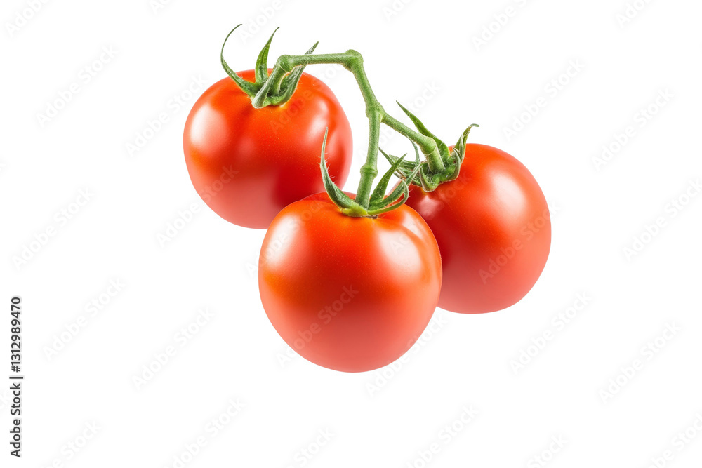 Three ripe red tomatoes are hanging from a stem, isolated Three ripe red tomatoes are hanging from a stem, isolated