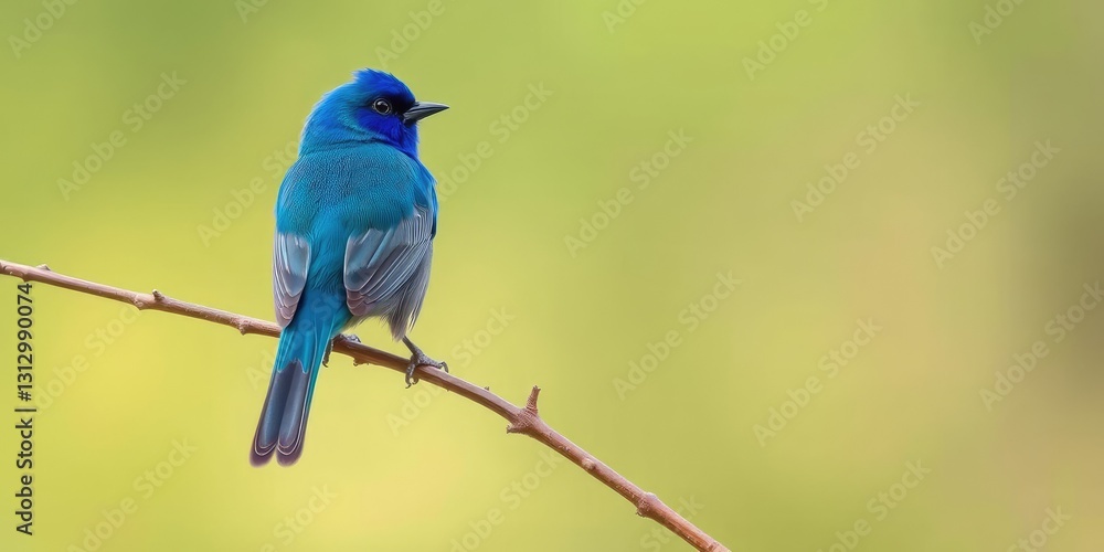 Indigo bunting's vibrant plumage visible as it sits on a thin branch against a subtle green and creamy backdrop, nature photography, outdoor scene Indigo bunting's vibrant plumage visible as it sits on a thin branch against a subtle green and creamy backdrop, nature photography, outdoor scene