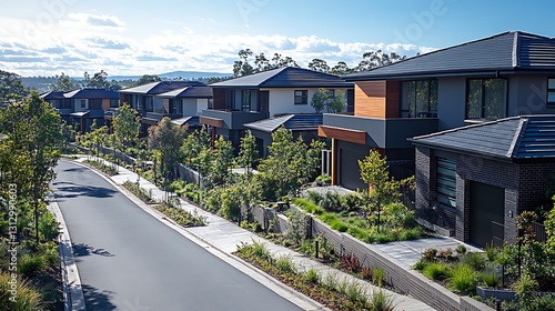 Modern Suburban Houses with Lush Landscaping on a Sunny Day