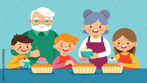 Grandchildren giggle and smile as they help their grandparents decorate a batch of special occasion cupcakes using generationsold frosting techniques.. Vector illustration