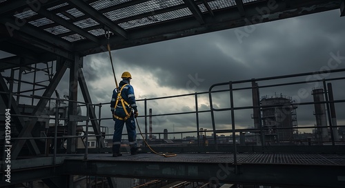 Construction safety inspector wearing fall safety harness walking on the roof by clipping safety rope on fall arrest, fall restraint horizontal safety line while inspecting fixed roof anchor points