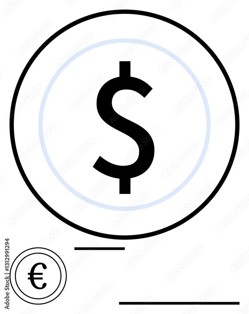 Dollar symbol inside a circle alongside a Euro coin graphic. Ideal for finance, global economy, currency exchange, banking, budgeting, monetary policy, investments. Flat simple metaphor Dollar symbol inside a circle alongside a Euro coin graphic. Ideal for finance, global economy, currency exchange, banking, budgeting, monetary policy, investments. Flat simple metaphor